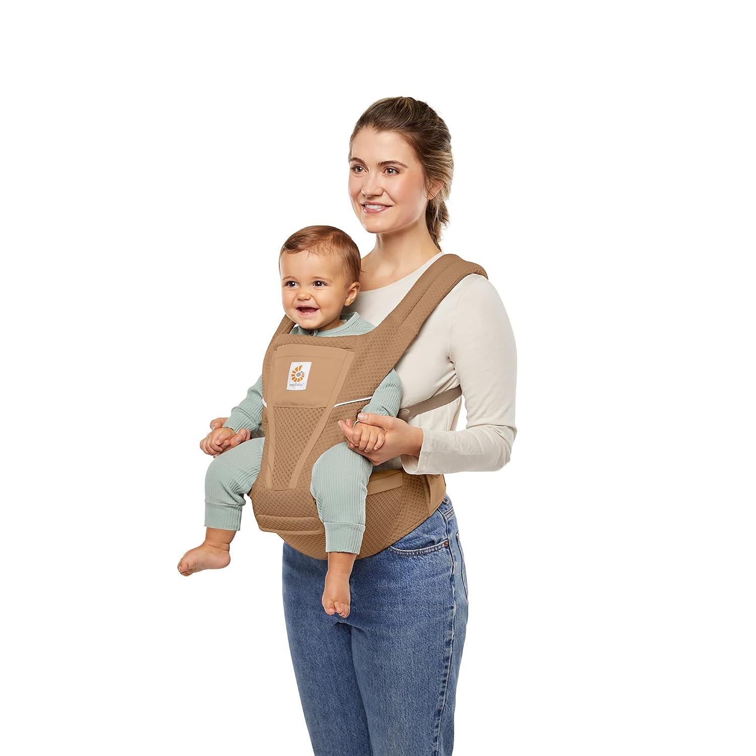 image:imageErgobaby Alta Hip Seat Baby Carrier for Babies and Toddlers 448 Months 3Position Convertible Ergonomic Baby Carrier Storage Pocket Sun Hood HipHealthy Positioning Fits 1245 lbs Onyx BlackCamel Brown