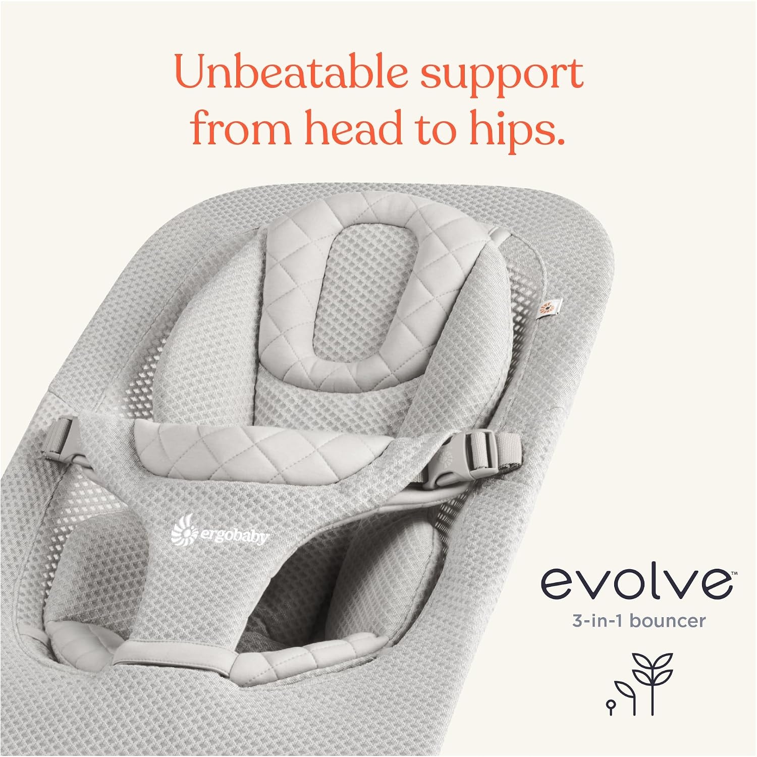 image:imageErgobaby Evolve 3in1 Bouncer Seat for Babies and Toddlers 5525 lbs Multi Position Baby Rocker Seat with Adjustable Heights Secure Harness Newborn Insert Mesh CreamGrey