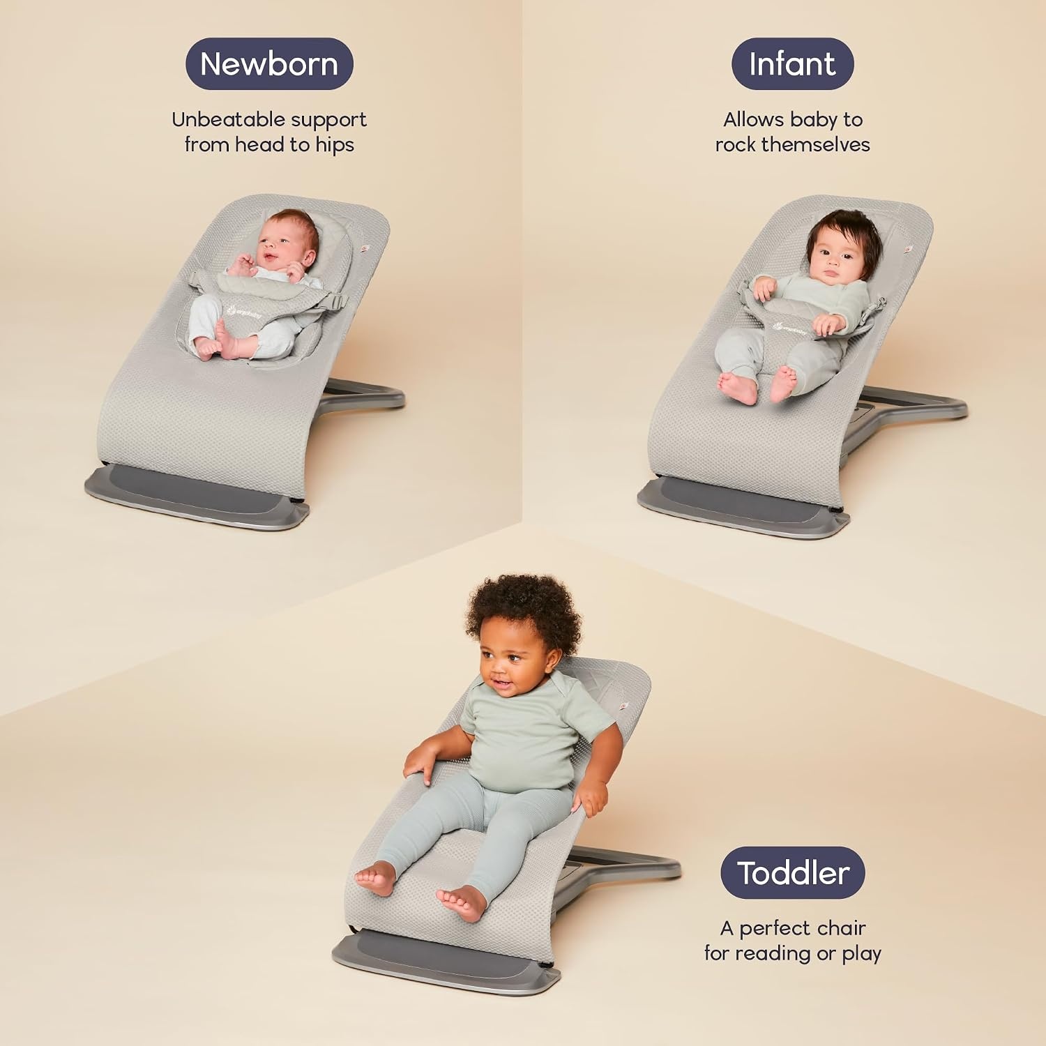 image:imageErgobaby Evolve 3in1 Bouncer Seat for Babies and Toddlers 5525 lbs Multi Position Baby Rocker Seat with Adjustable Heights Secure Harness Newborn Insert Mesh CreamGrey