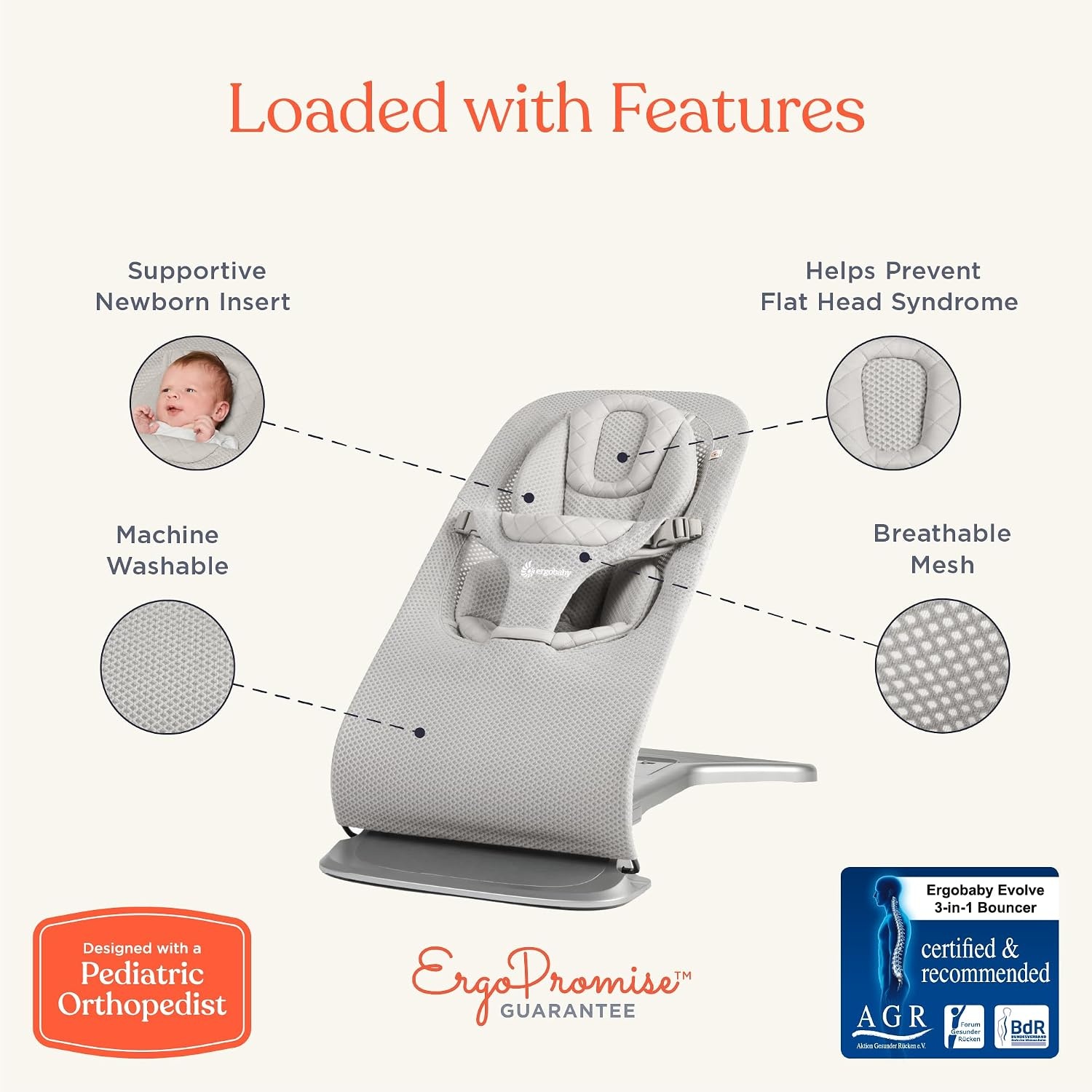 image:imageErgobaby Evolve 3in1 Bouncer Seat for Babies and Toddlers 5525 lbs Multi Position Baby Rocker Seat with Adjustable Heights Secure Harness Newborn Insert Mesh CreamGrey