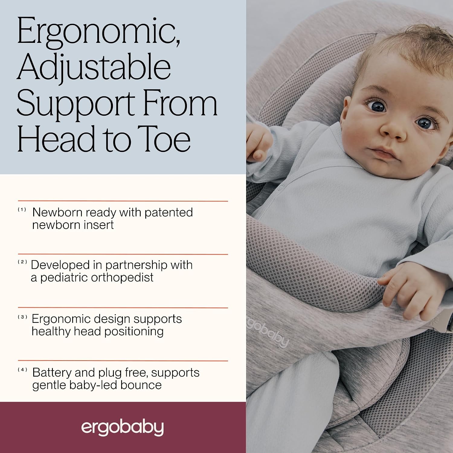 image:imageErgobaby Evolve 3in1 Bouncer Seat for Babies and Toddlers 5525 lbs Multi Position Baby Rocker Seat with Adjustable Heights Secure Harness Newborn Insert Mesh CreamCharcoal Grey